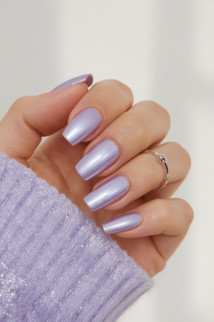 Frosty lavender chrome shimmer manicure
