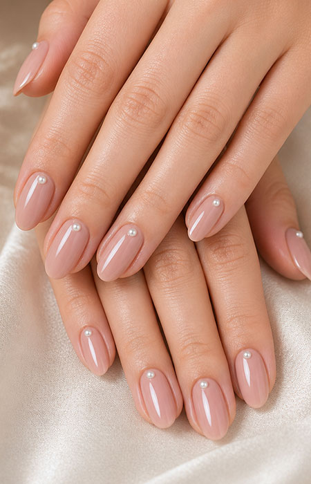 Sheer nude nails with a few tiny pearl accents near the cuticles