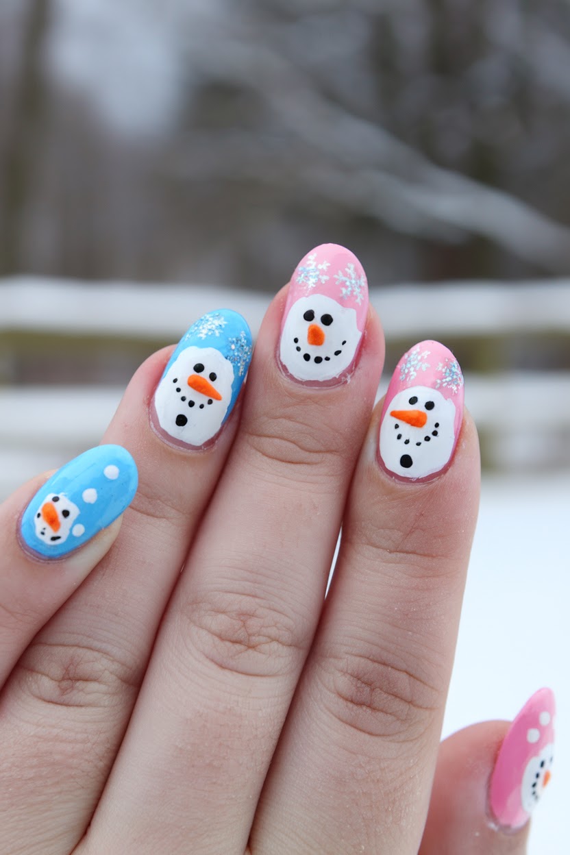 Kids Christmas nails with snowman faces painted on white polish