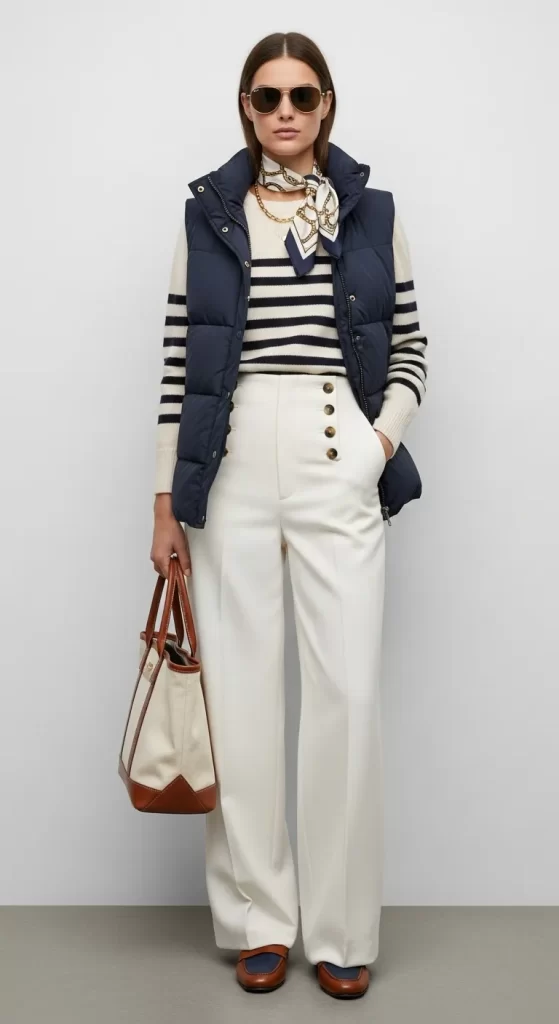 Woman wearing a navy puffer vest over a striped sweater with white wide-leg trousers and a silk scarf