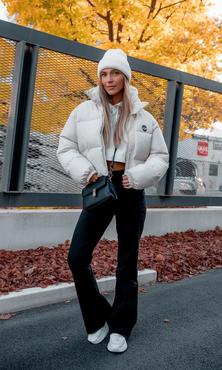 White puffer jacket over an all-black outfit
