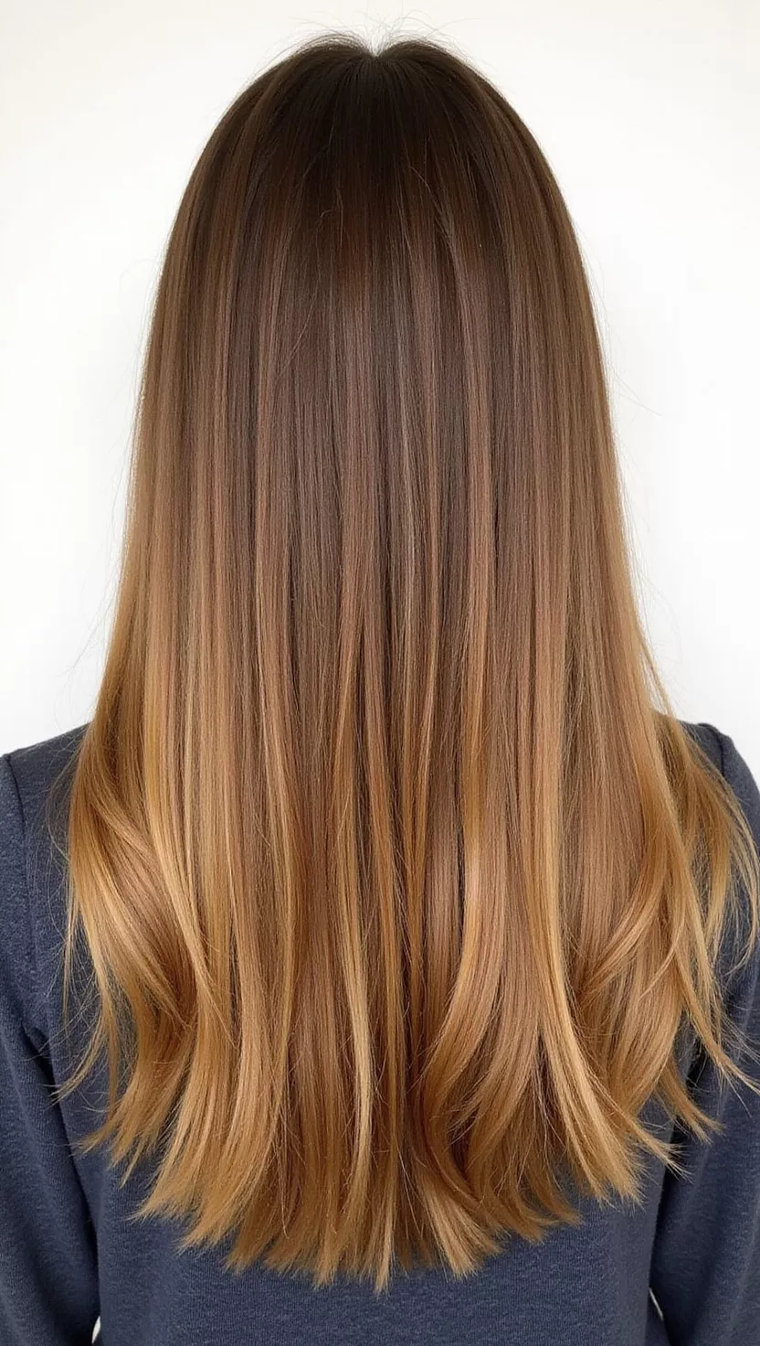 Back view of long sleek hair with medium-brown roots melting into golden bronze ends