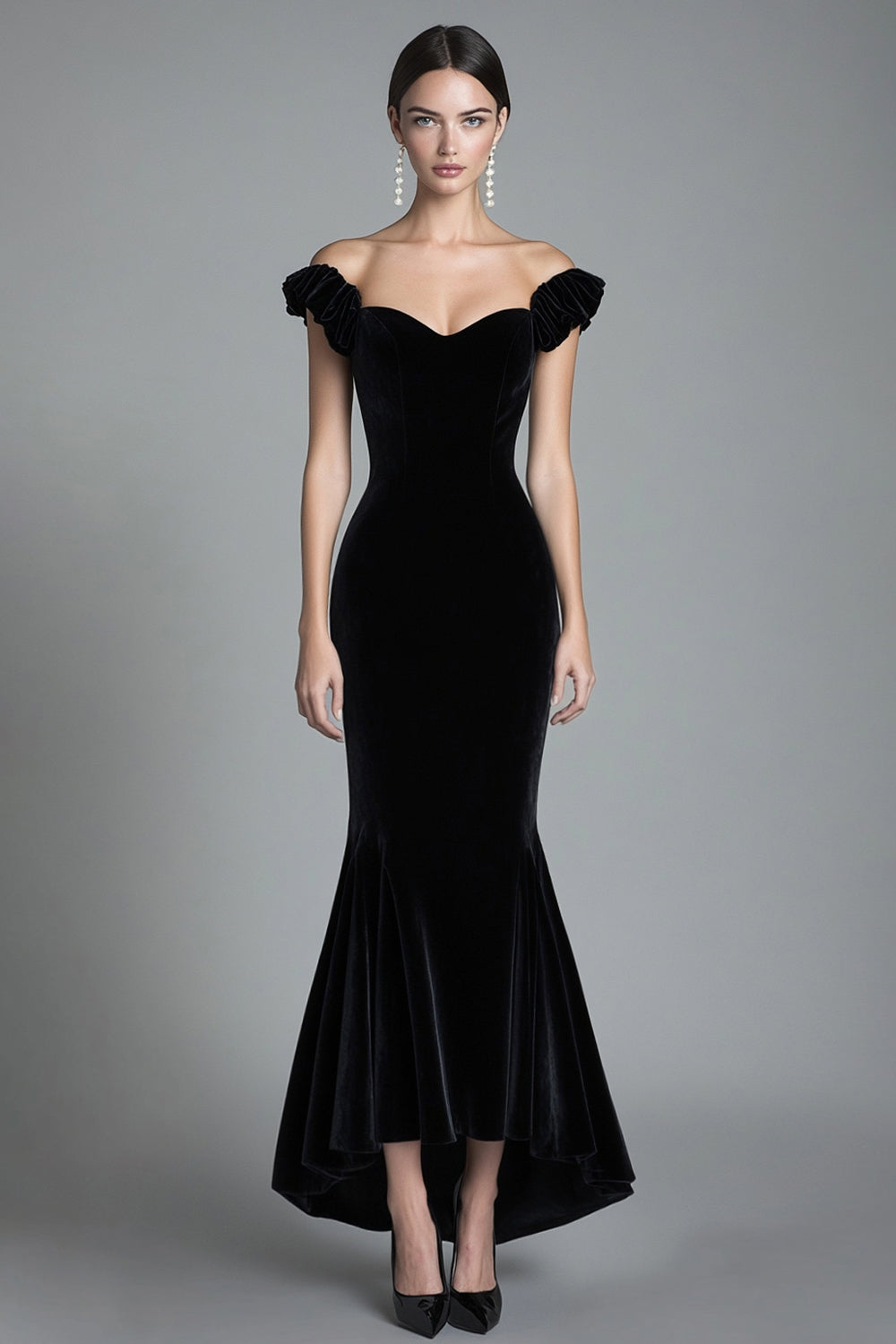 Black off-the-shoulder velvet mermaid formal gown