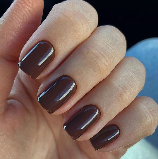 Short nails with glossy chocolate brown gel polish
