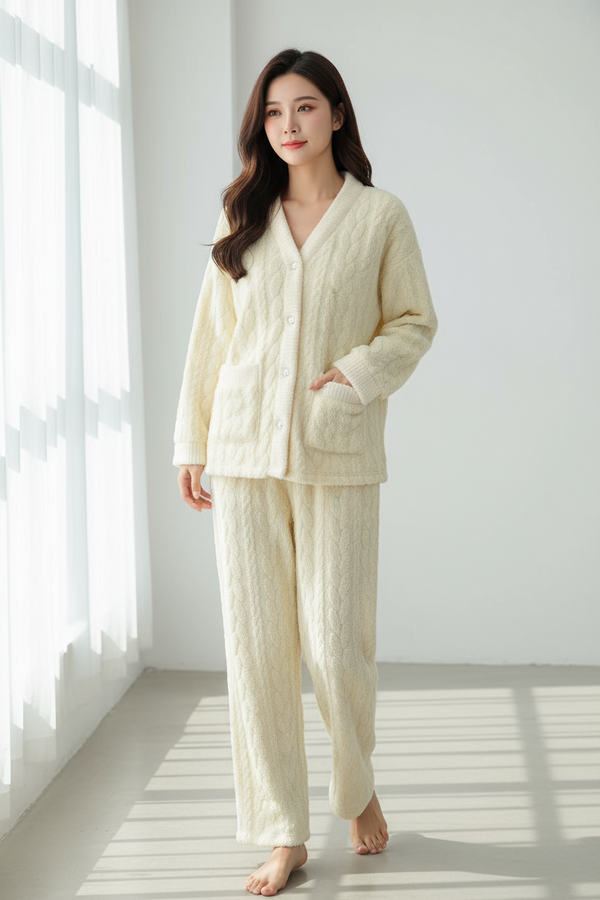 Woman wearing a cream cable-knit button-front cardigan with pockets and matching cream knit pants, barefoot