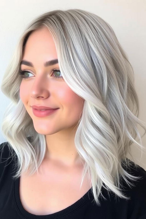 Icy platinum blonde wavy lob haircut