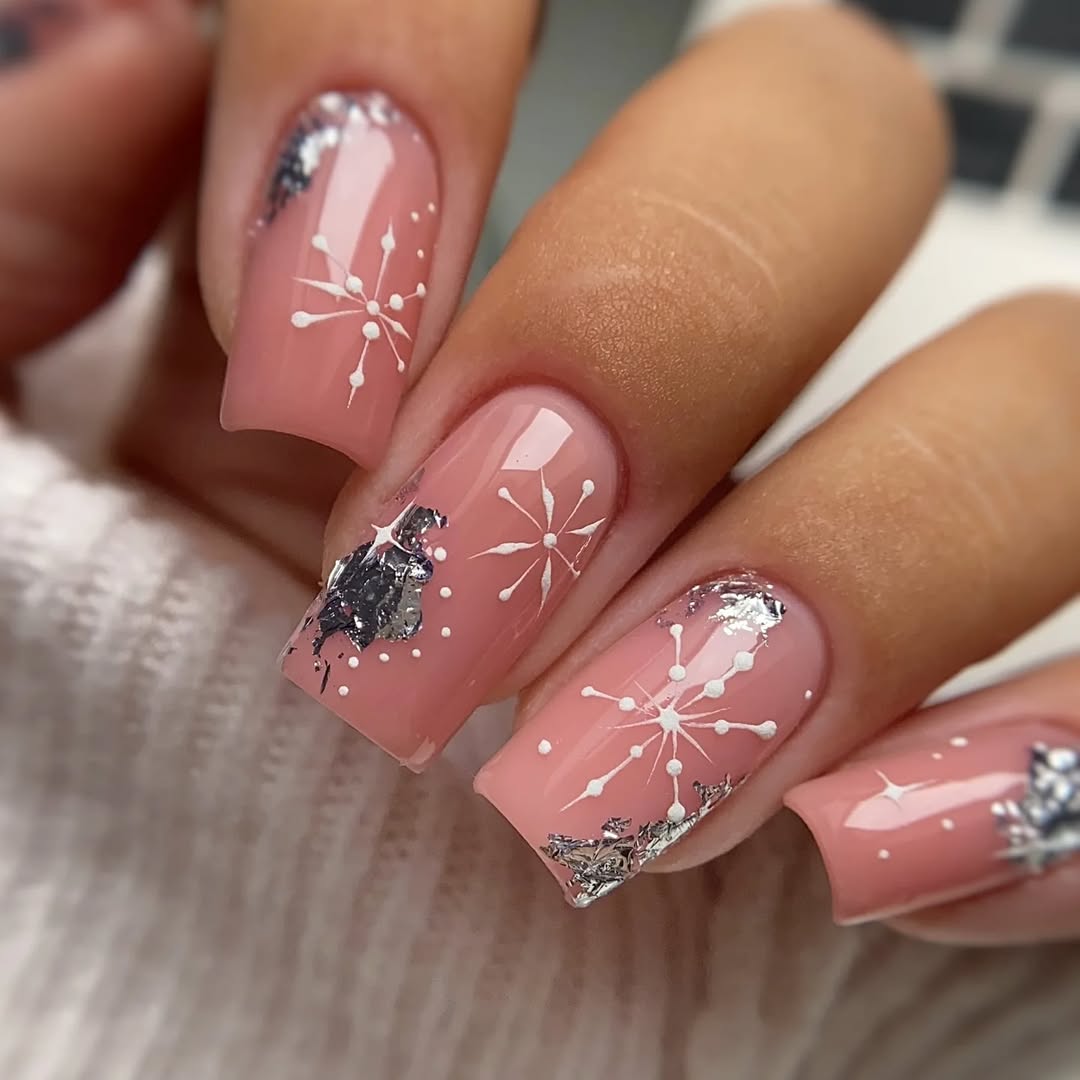 Soft pink frosted Christmas nails