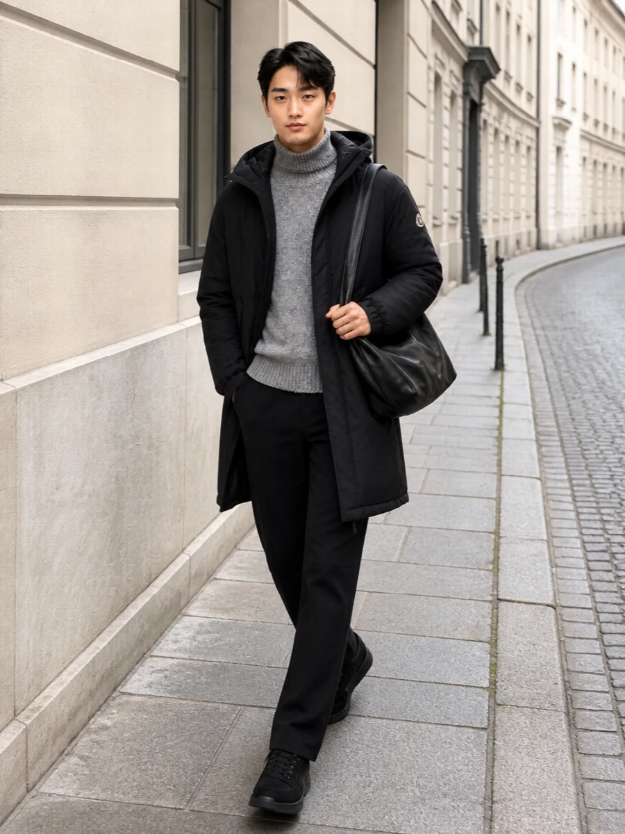 Man in a black hooded parka with a grey cable turtleneck and black trousers carrying a leather tote