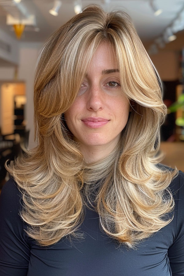 Long butterfly haircut with blonde face-framing layers