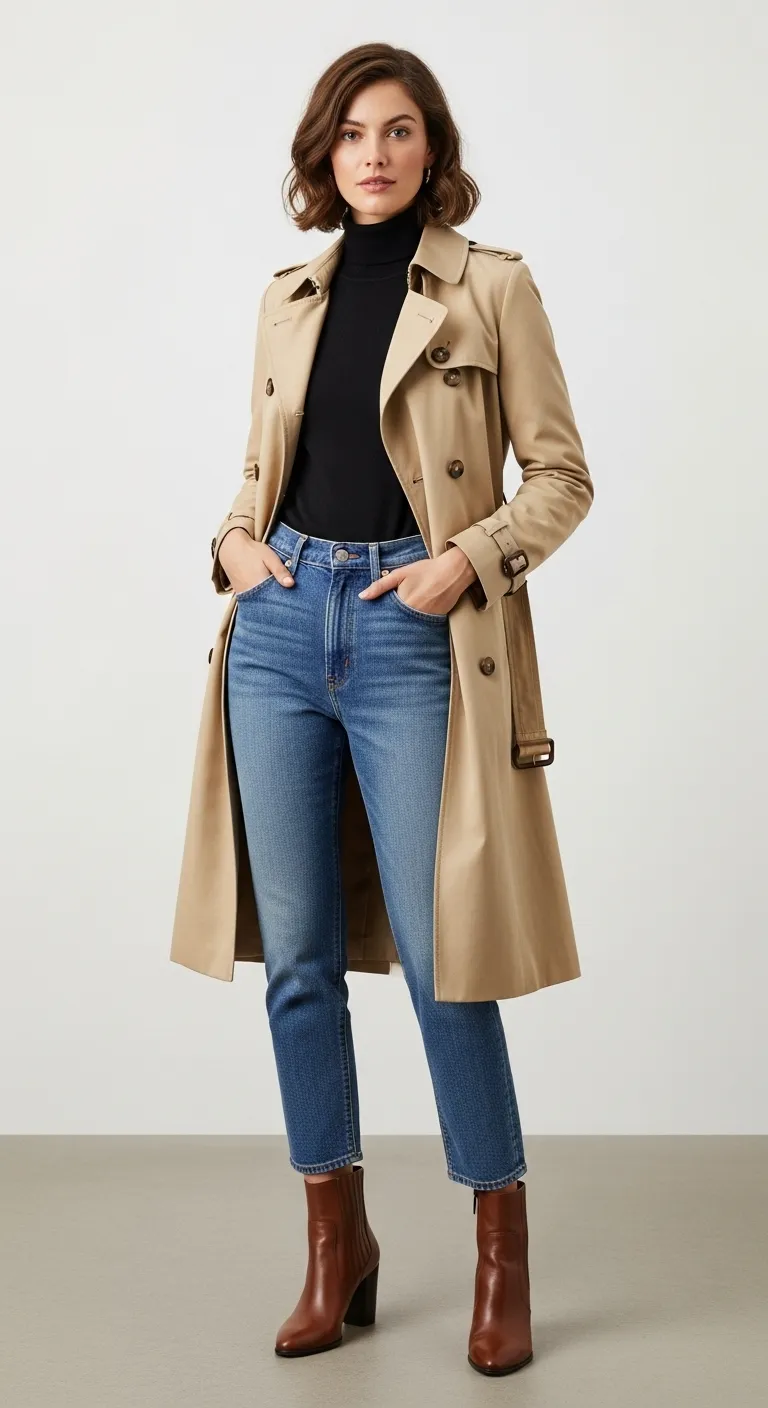 Woman in a tan trench coat, black top, straight jeans and brown Chelsea boots