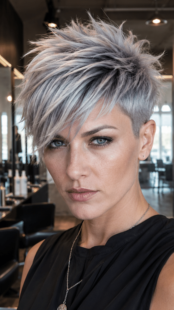 Asymmetrical silver pixie-bob haircut