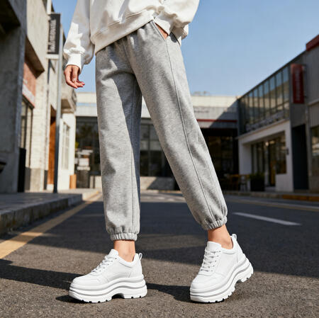 Grey joggers paired with white chunky platform sneakers on a city street