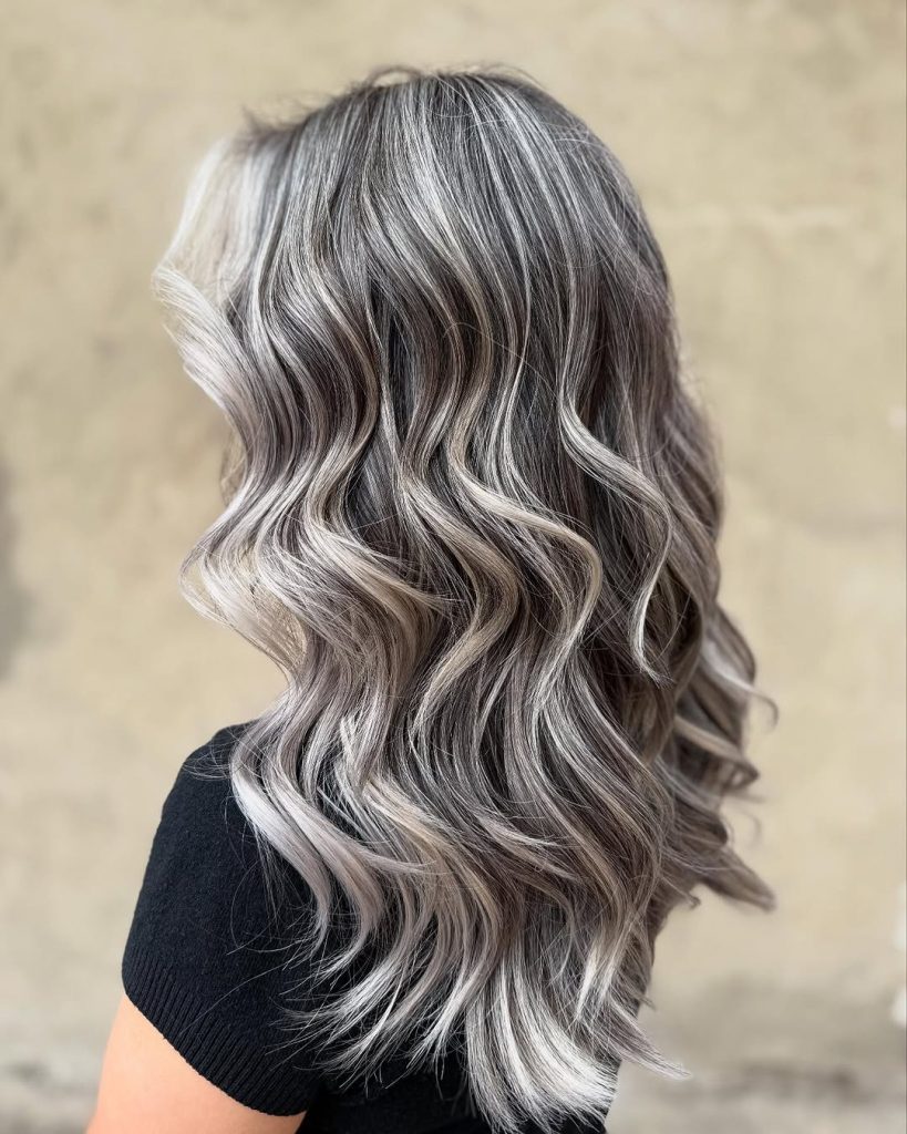 Ash brown hair with fine silver babylights through the lengths