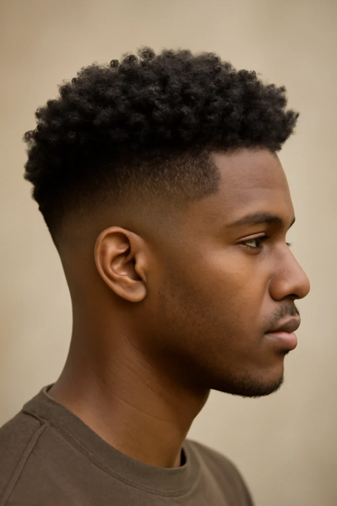 Man with a curly taper fade, short sides and defined curls on top