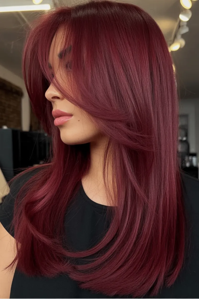 Long burgundy hair with face-framing curtain bangs