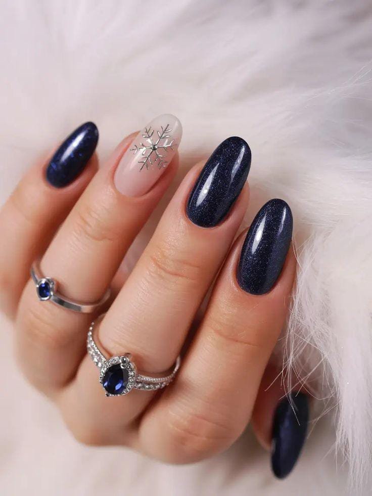 Dark navy blue nails with silver foil snowflake nail art