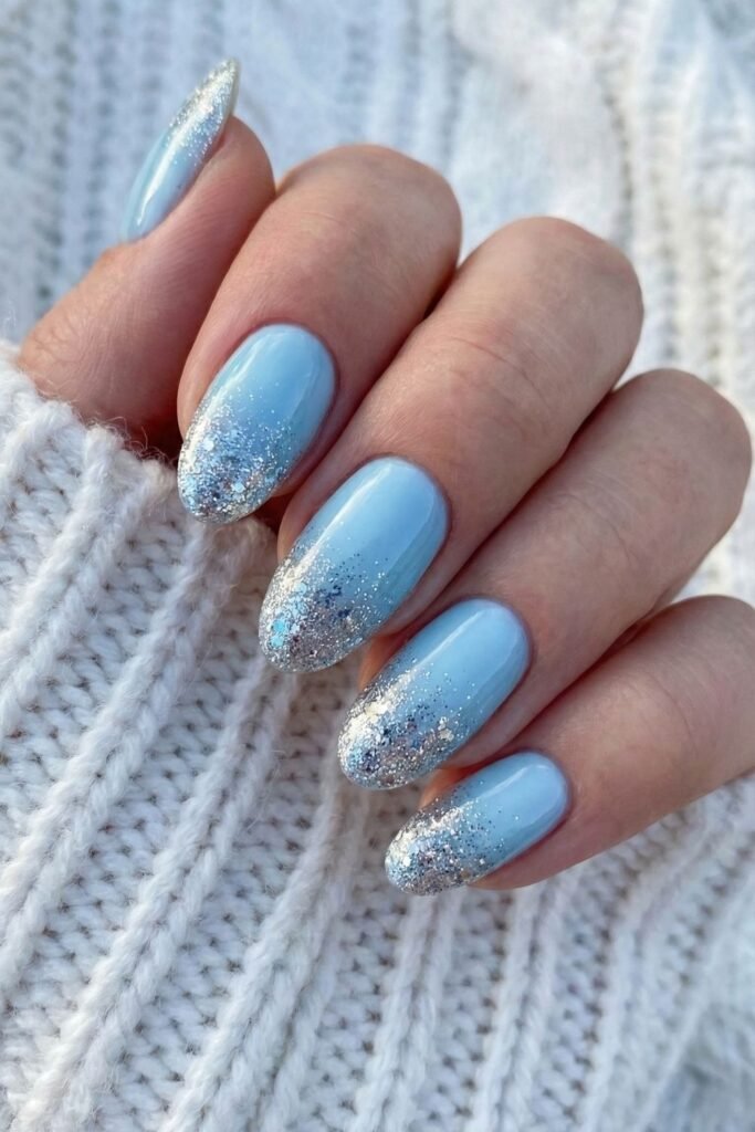 Frosty Ice Blue: a pale icy blue with a silver glitter gradient