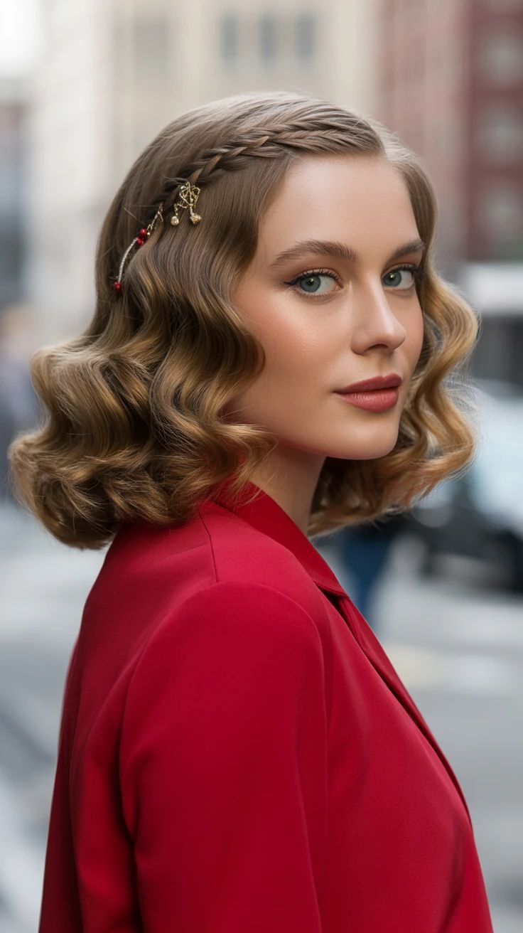 Sculpted retro waves with a small side braid finished with a golden hair accessory
