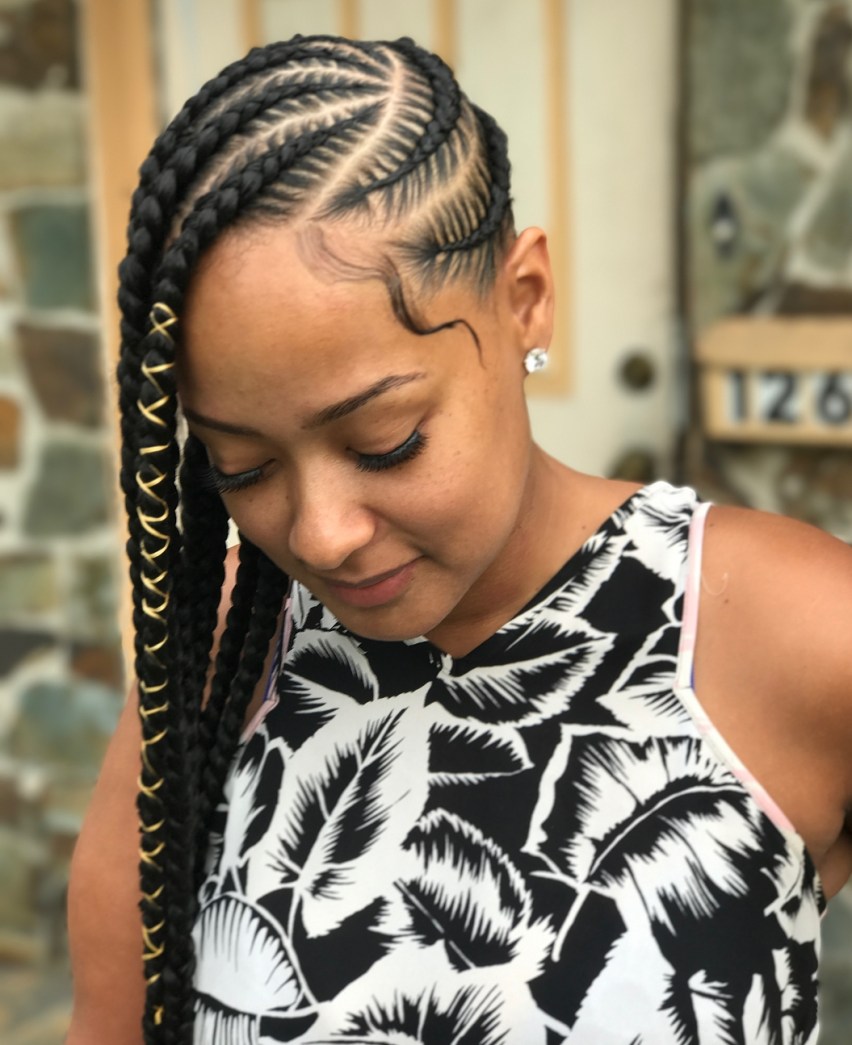 Long lemonade braids swept to one side