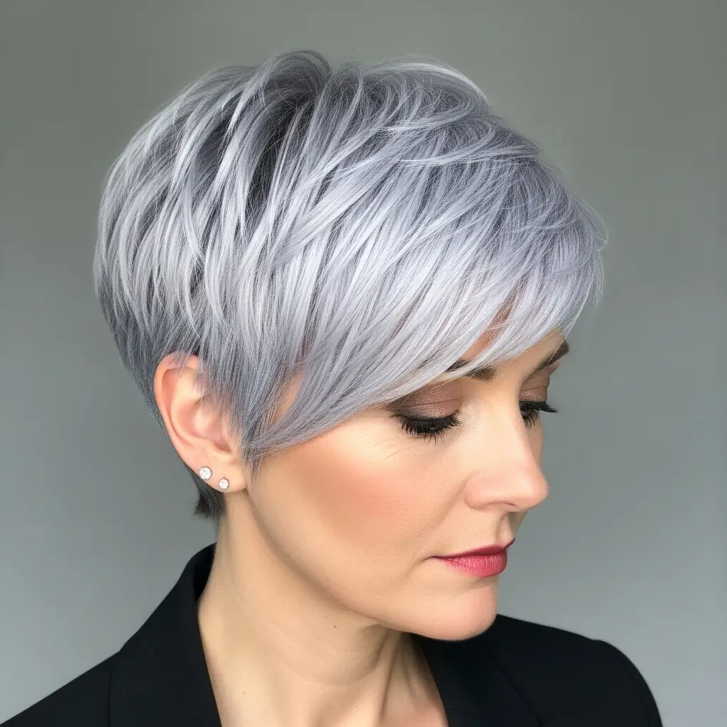 Silver gray pixie haircut on a woman