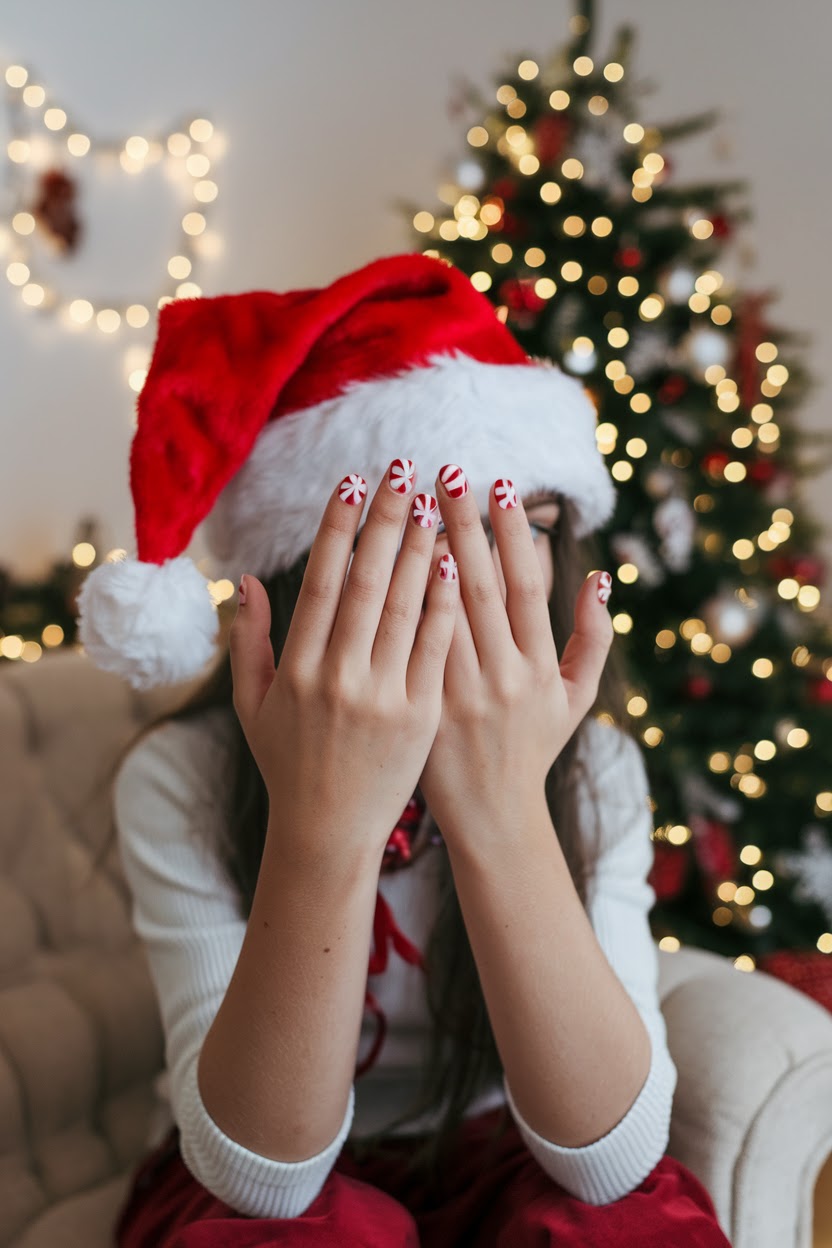 Red and white diagonal candy cane striped nails for kids
