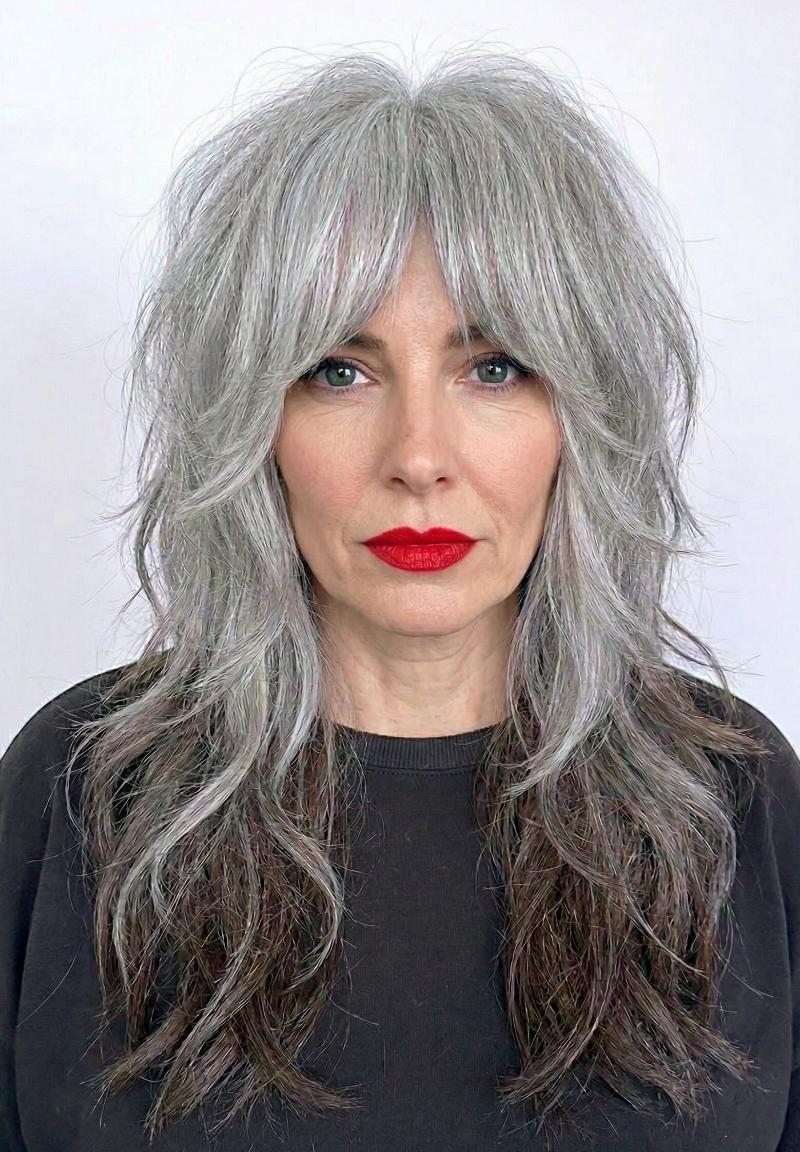 Silver gray wolf cut shag with dramatic layers
