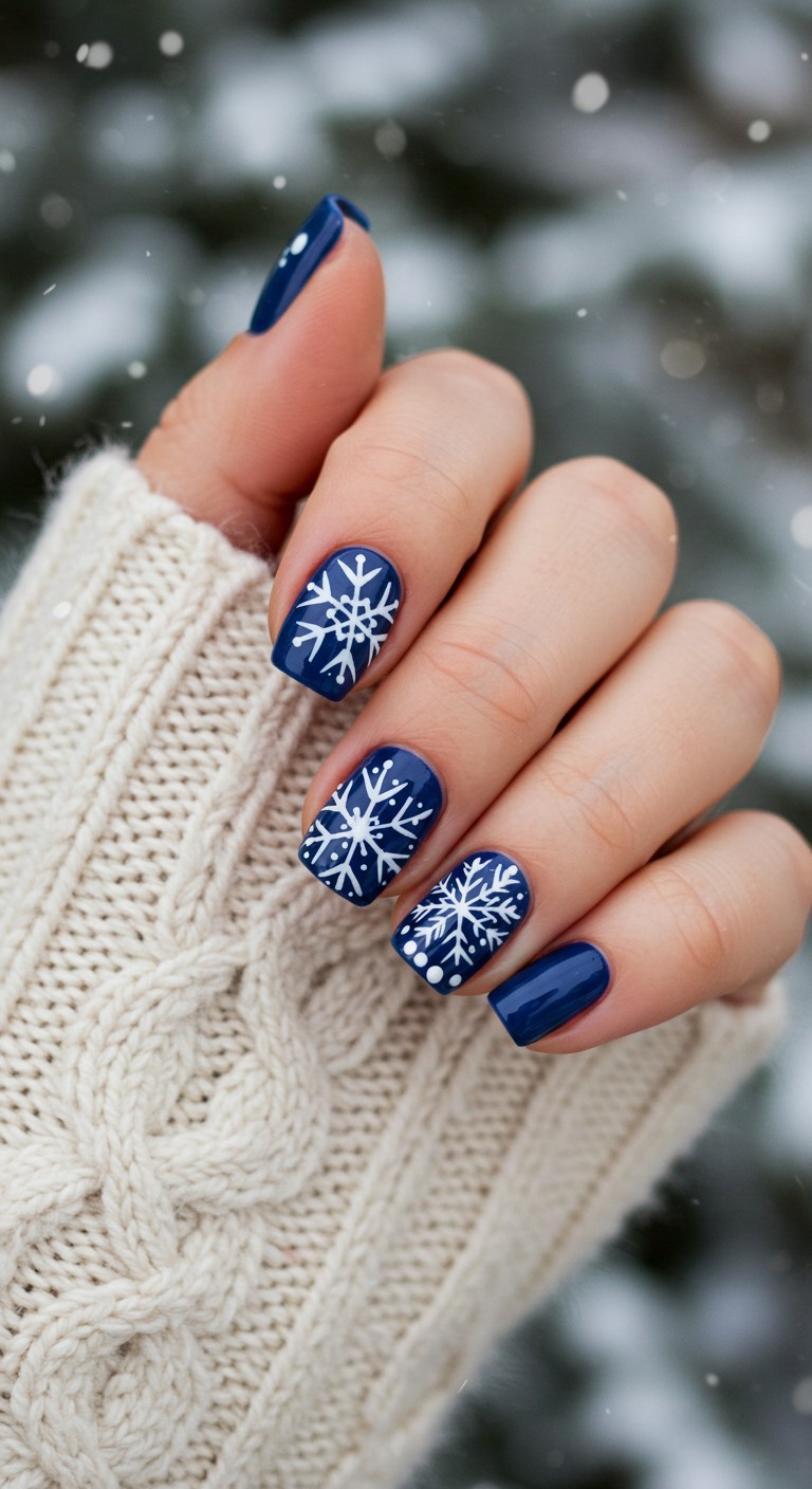 Square nails in royal navy blue with white snowflake nail art