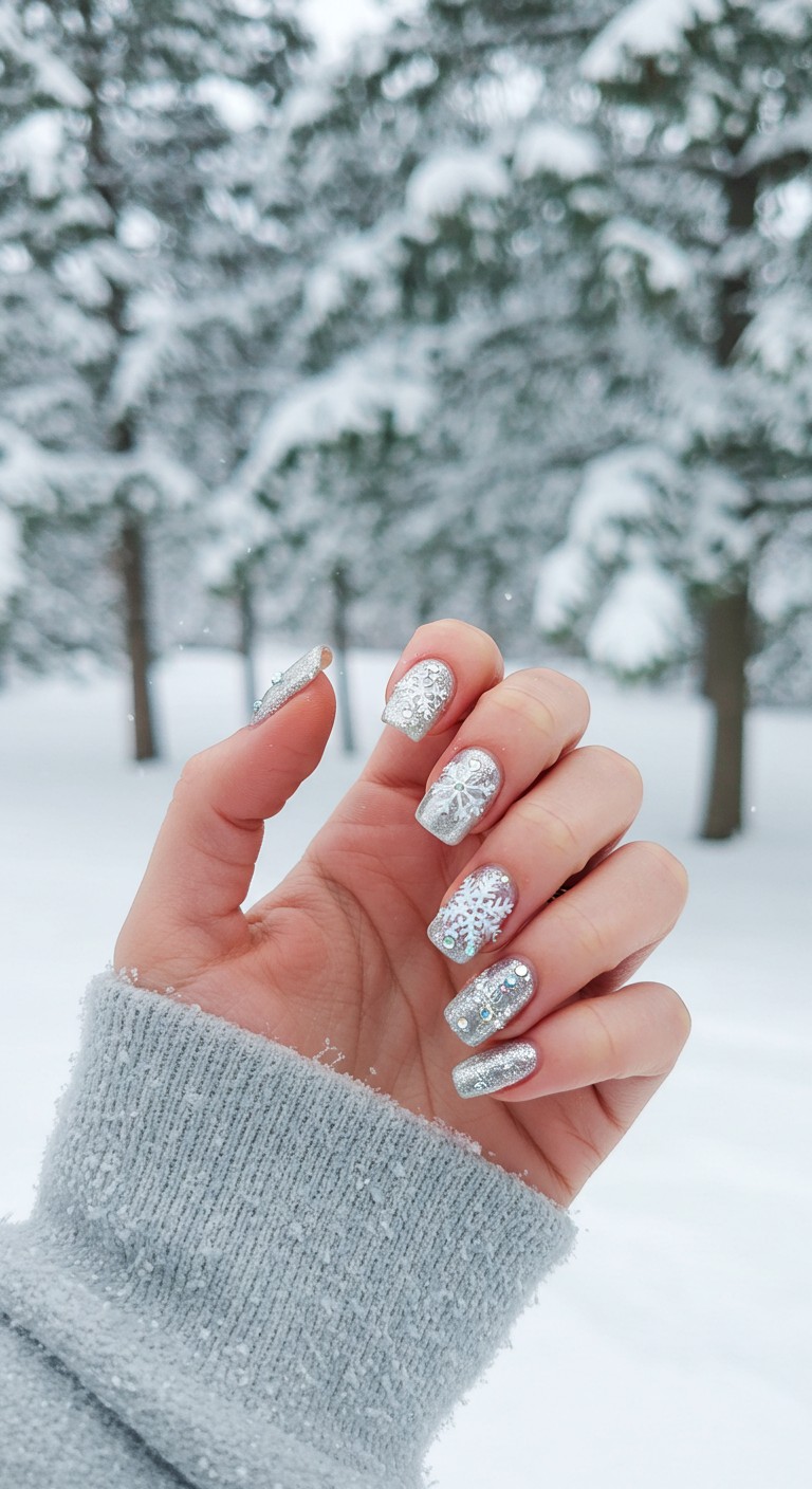 Silver glitter nails with snowflake accents