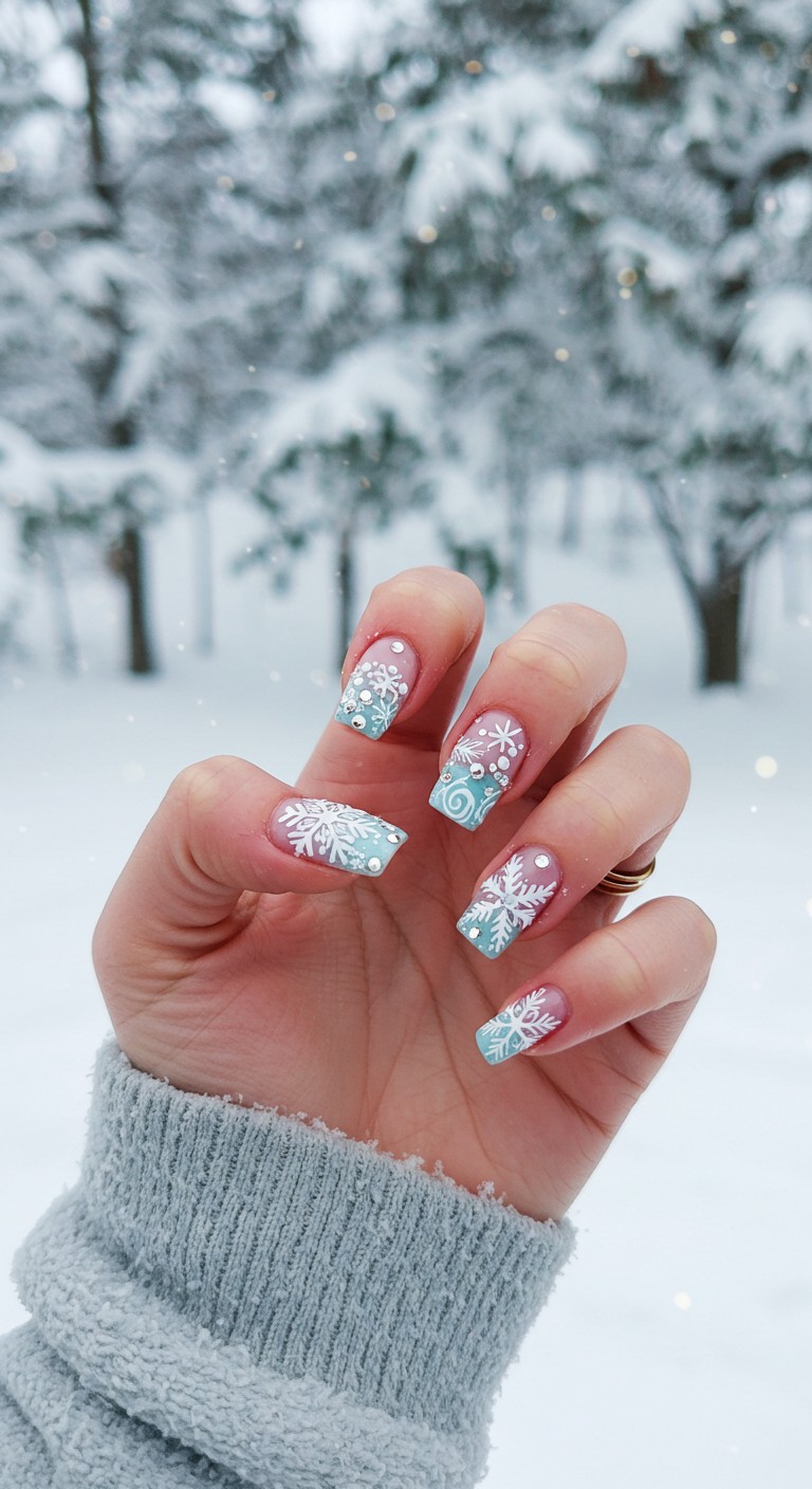 Sheer pink nails with snowflake nail art