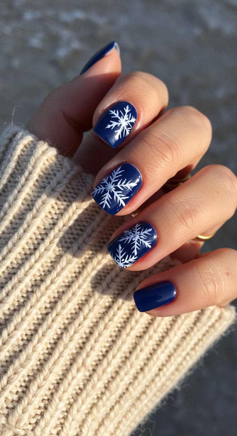 White snowflake nail art on navy blue nails