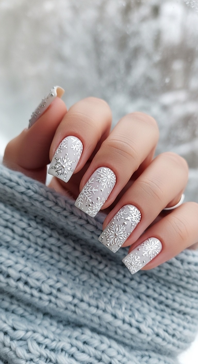 Milky white short square nails covered in delicate silver snowflake nail art