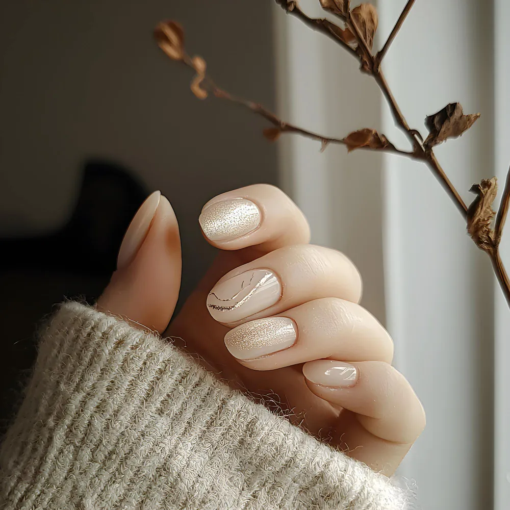 Warm sandy beige nails with cable-knit sweater accents