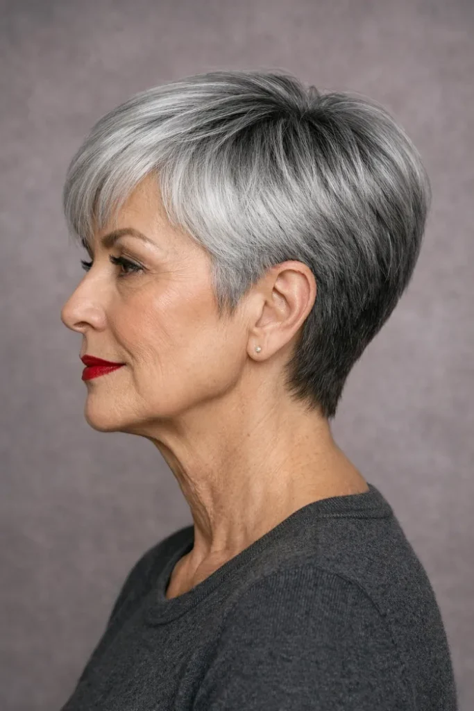 Older woman with a white-blonde tousled pixie haircut