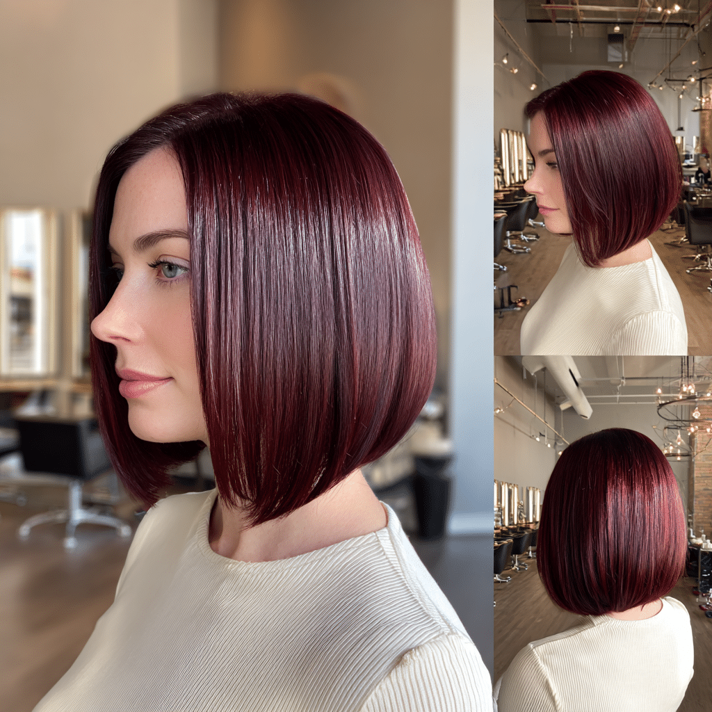 Burgundy layered bob haircut with glossy finish