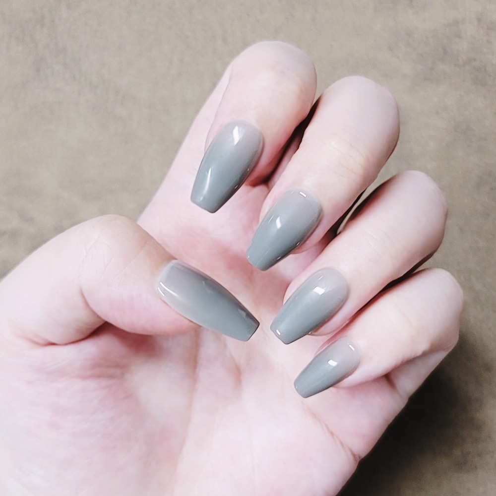 Long coffin nails in solid slate grey with a glossy finish