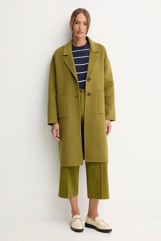 Easy Utility: An Olive Coat with a Striped Top and Navy Trousers