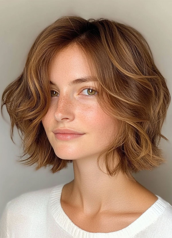 Chin-length wavy bob in warm copper brown with highlights