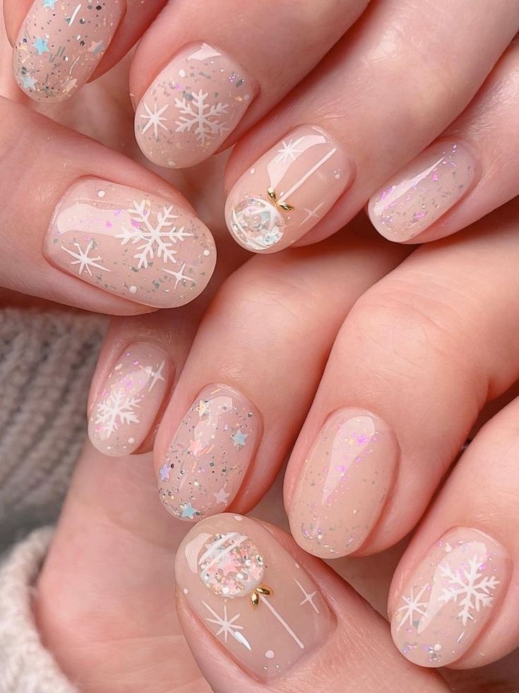 Nude nails with white snowflake art, iridescent glitter and Christmas bauble accents
