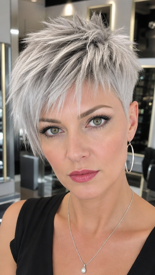 Silver-blonde asymmetric pixie-bob haircut