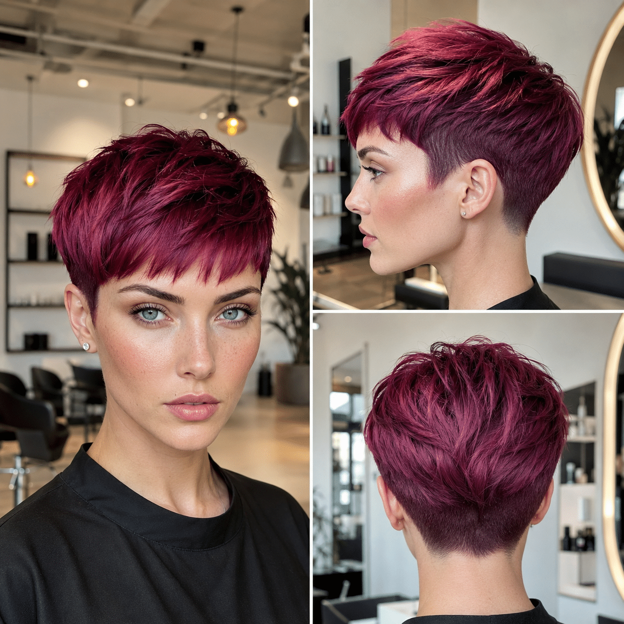 Burgundy tapered pixie haircut shown from front, side and back