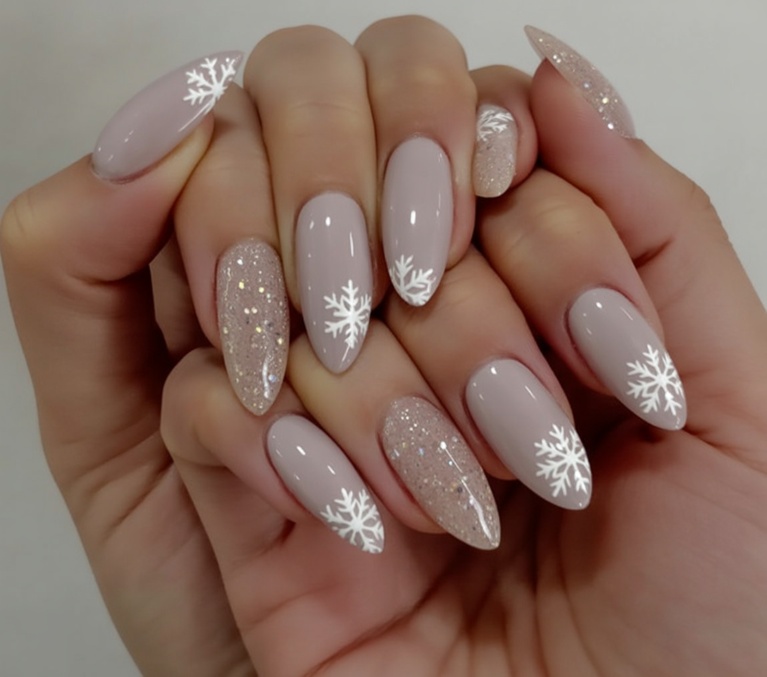 Soft taupe almond acrylic nails with white snowflake art and one glitter accent nail
