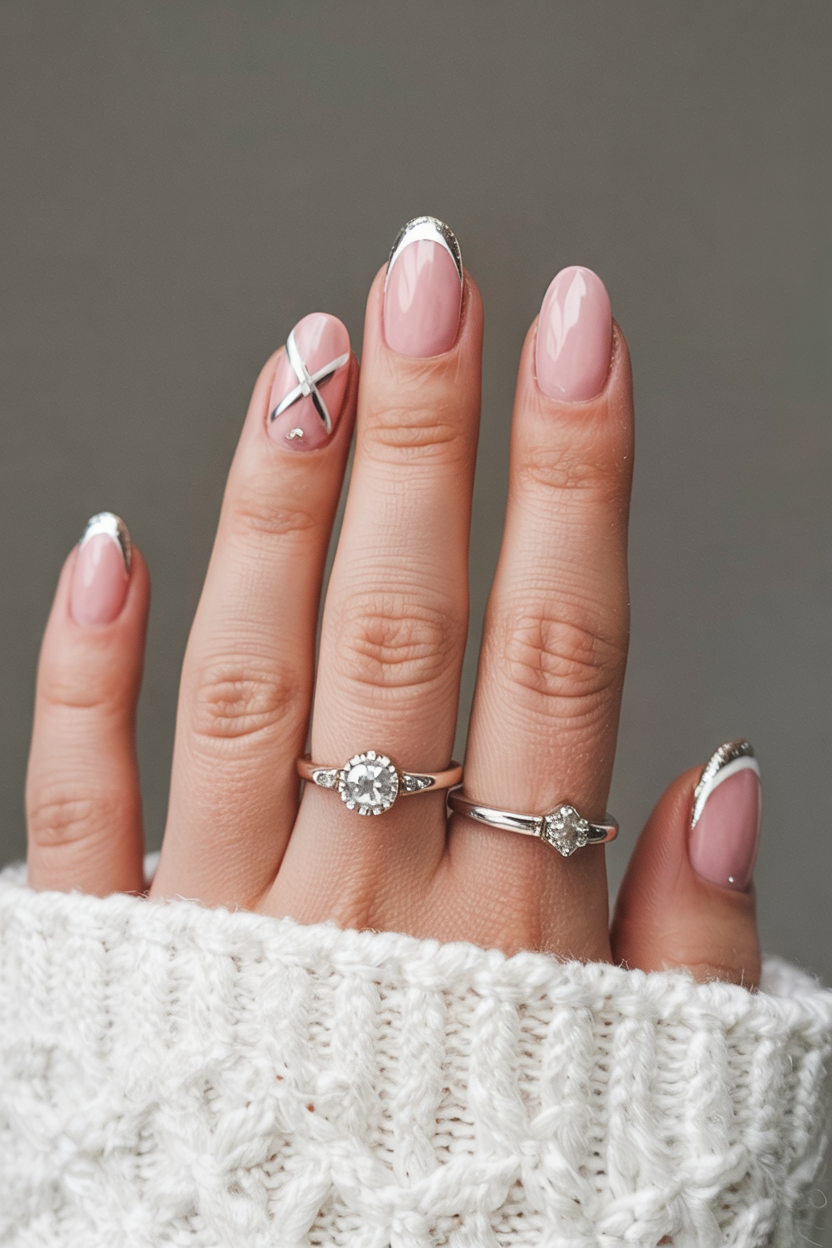 Medium almond nails with sheer nude base, silver glitter French tips and tiny star details