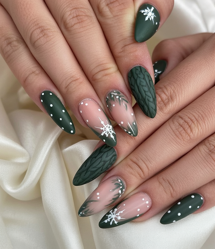 Long almond dark green nails with snowflakes, polka dots and cable-knit texture