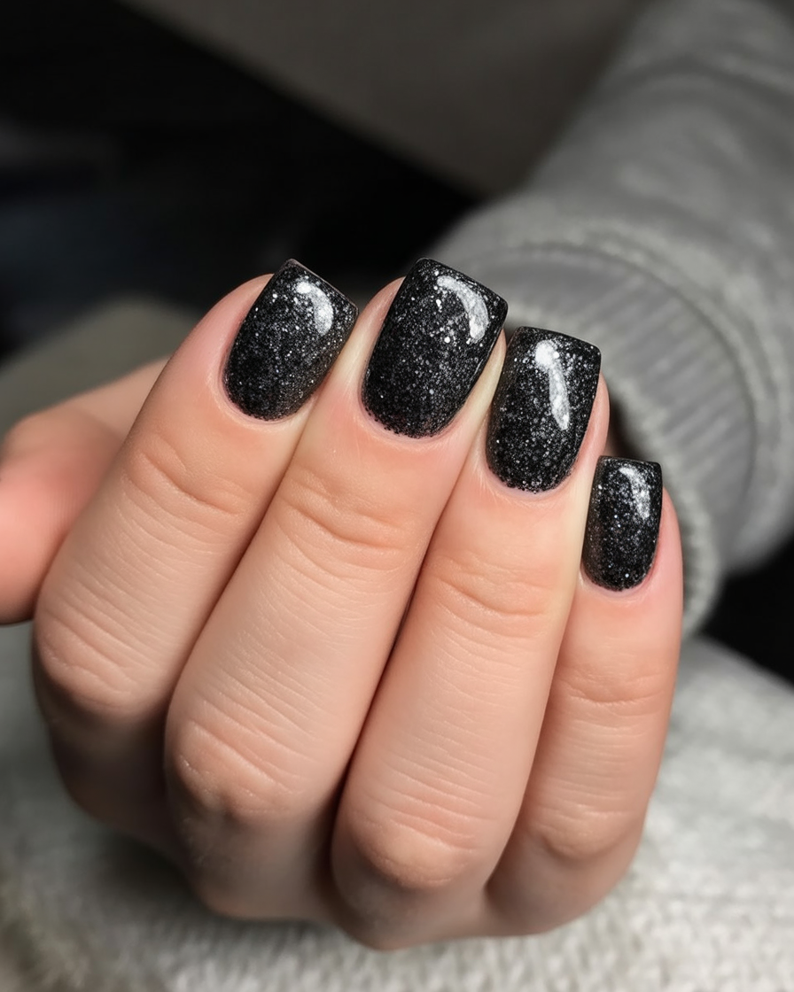 Short square nails in black polish with silver glitter