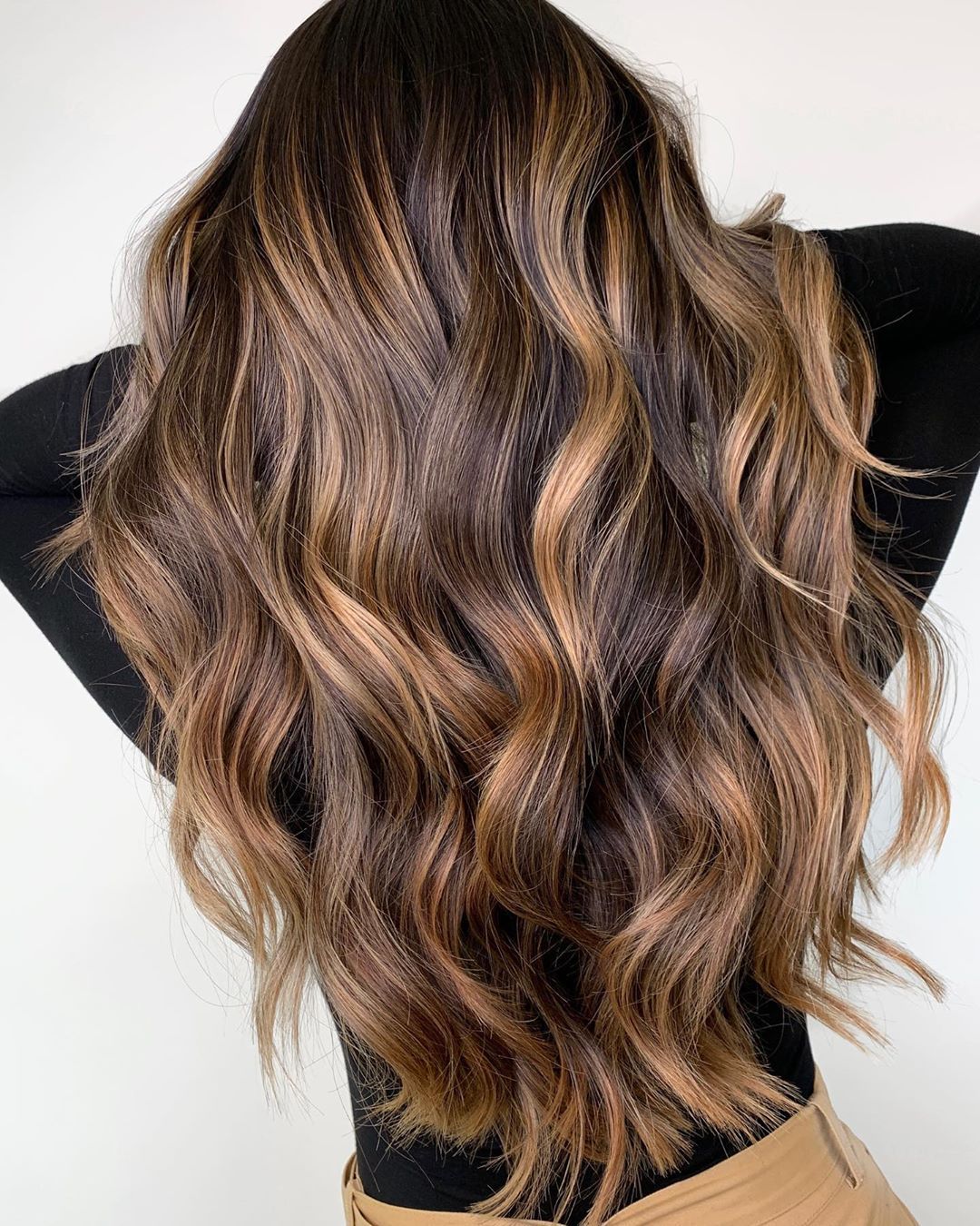 Chocolate brown hair with honey balayage highlights, salon back view