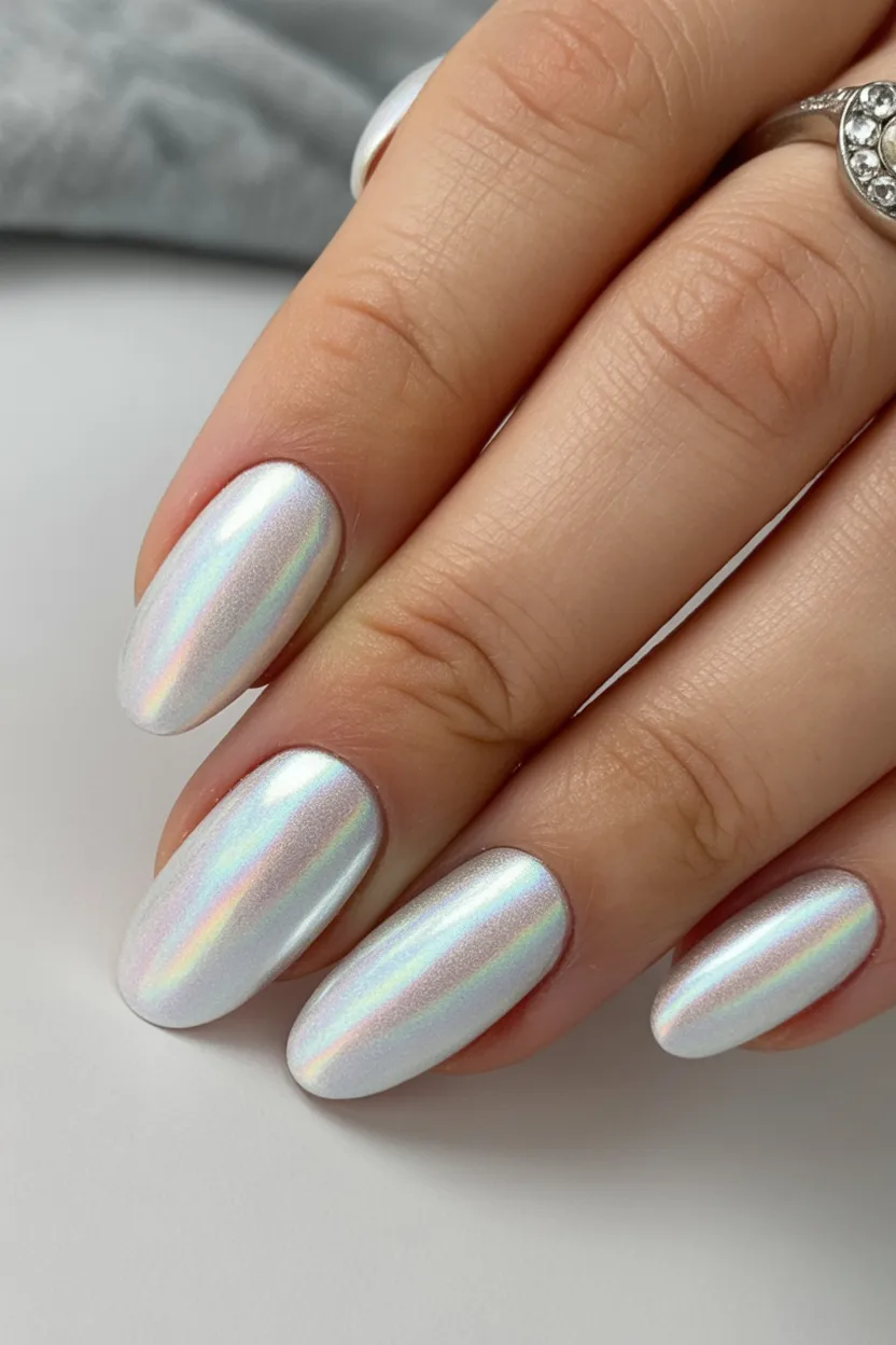 Almond nails with a pearl white iridescent chrome finish