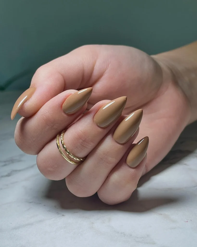 Long almond winter nails in warm taupe