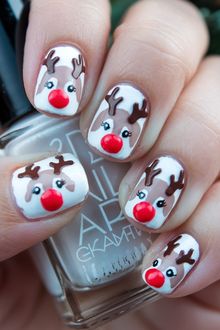 Kids nails with cute Rudolph reindeer face and red nose nail art