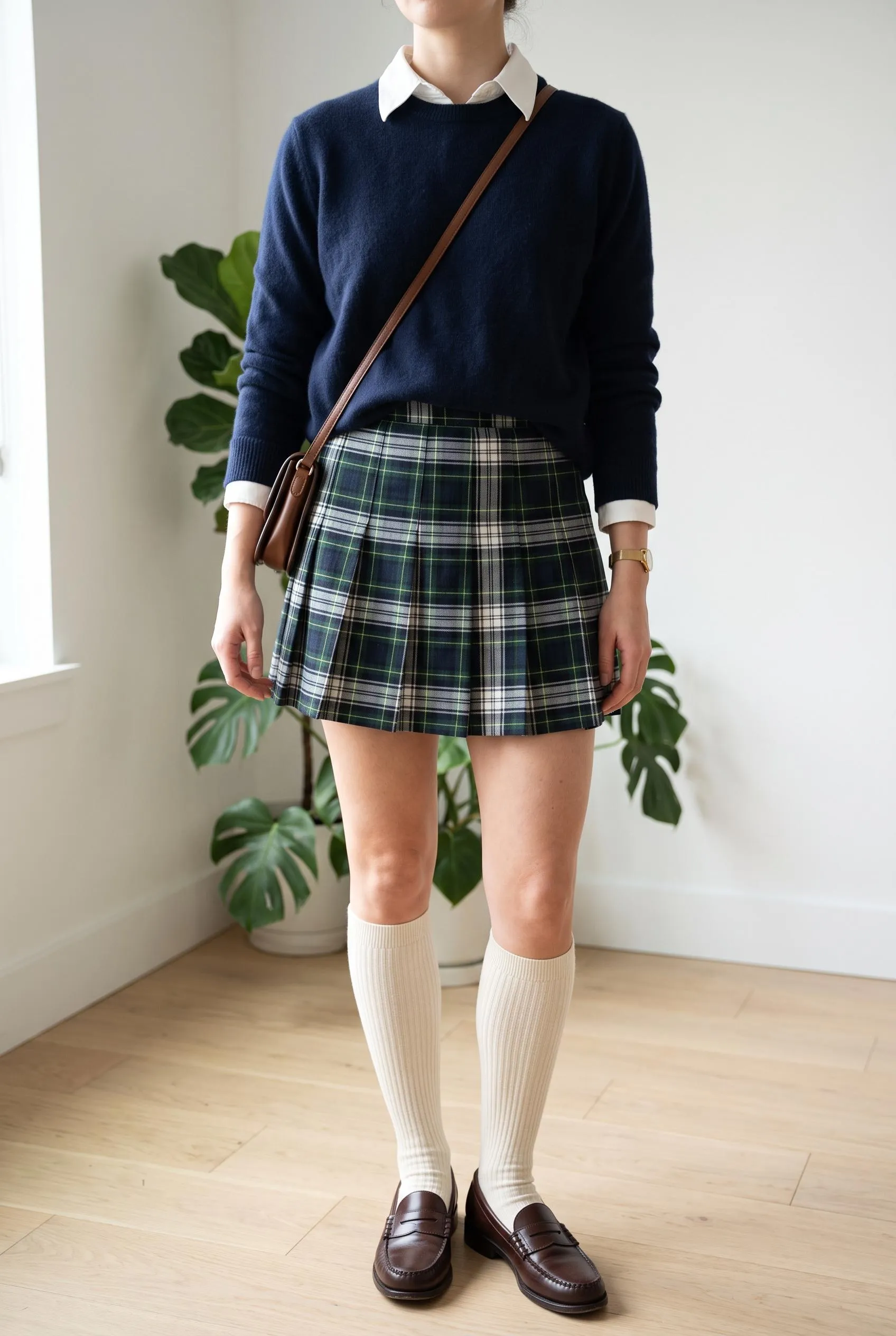 Navy sweater over a white collared shirt with a green plaid pleated mini skirt, knee socks and penny loafers