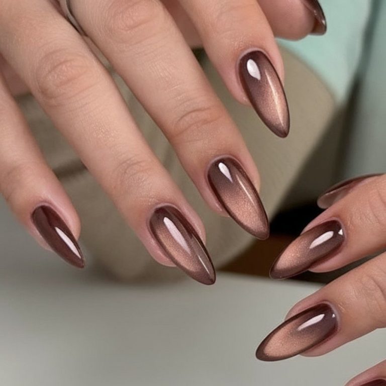 Chocolate brown cat-eye shimmer almond nails
